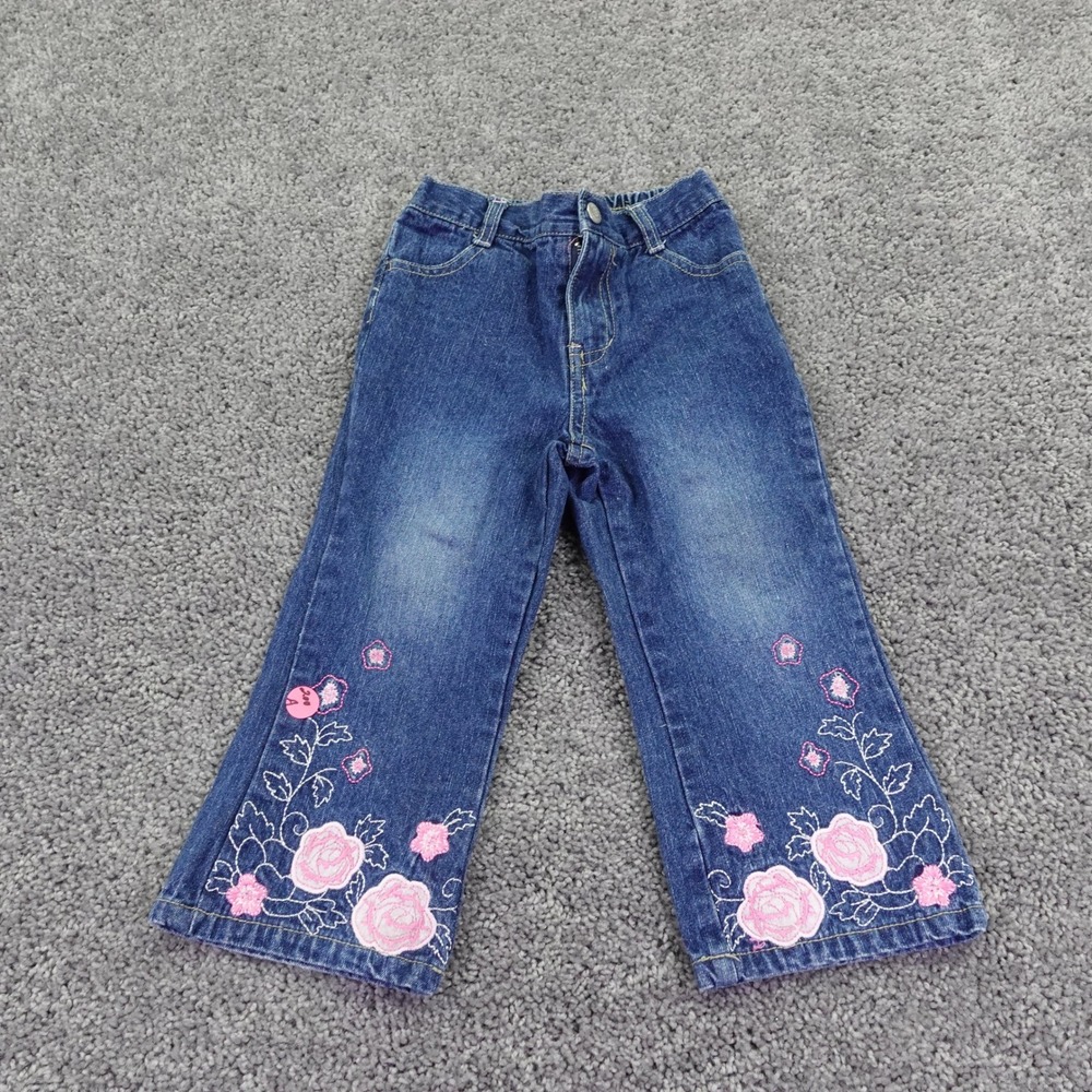 Faded Glory Embroidered Jeans Girls 3T Blue Rose Floral Denim Pants